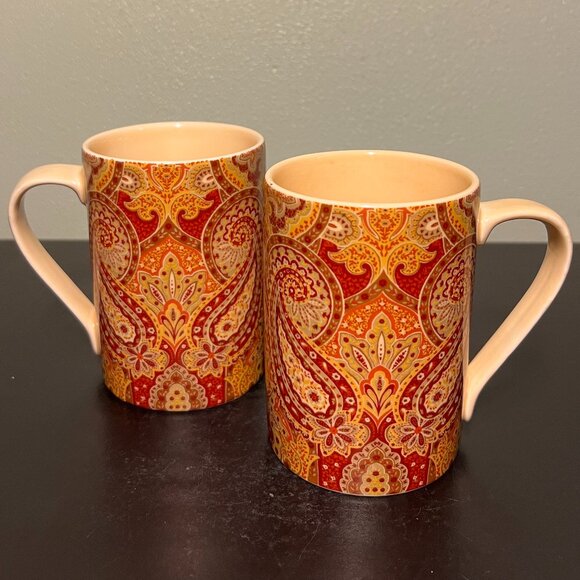 Pair of 222 Fifth SPICE ROAD Paisley Pattern Fine China Porcelain Cups Mugs - Picture 1 of 9